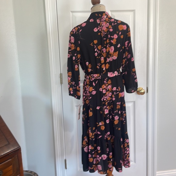 Nanette Lepore dress floral tiered button down Tie waist black pink size 10 - Picture 5 of 15